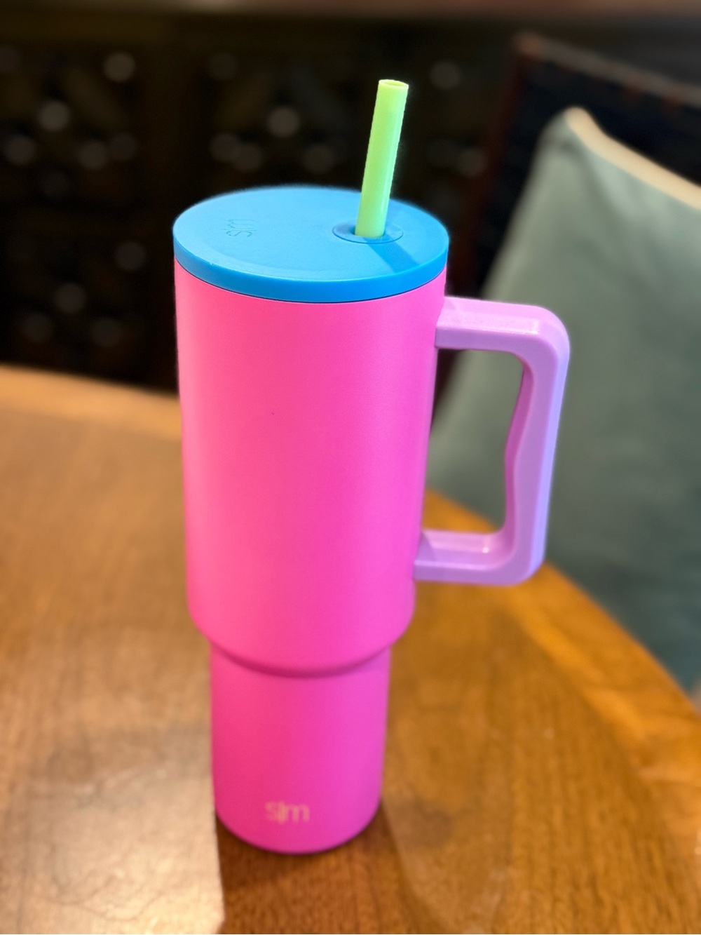 Slim Pink simple modern Travel Tumbler with Handle and Blue Lid